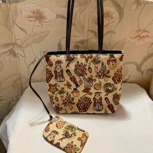 BUENO Fabric & Vegan Leather Snowman & Santa Handbag Tote with Coin Purse